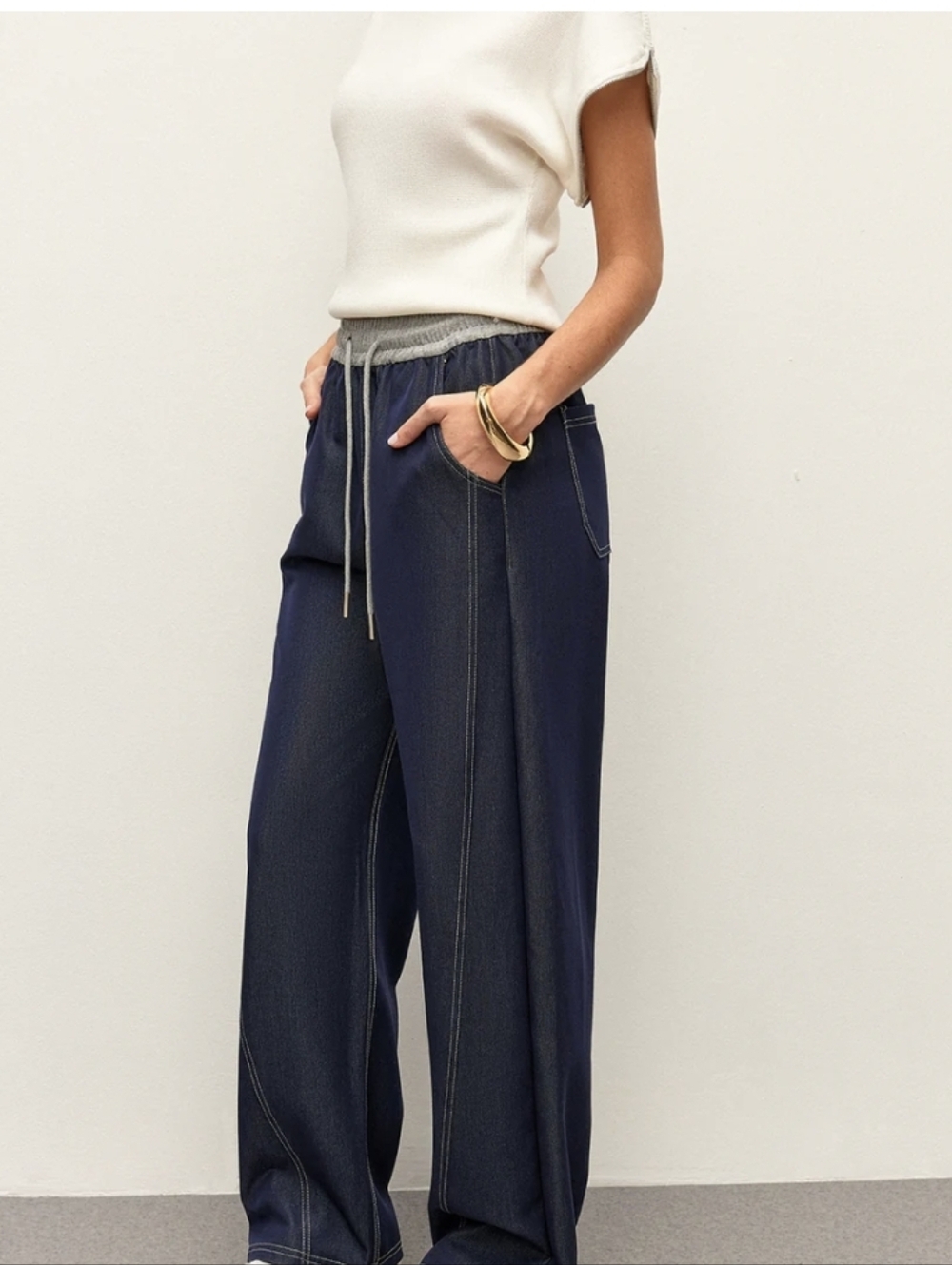 Commense High Waist Drawstring Denium Pants Wide Leg Pockets M - Picture 3 of 9